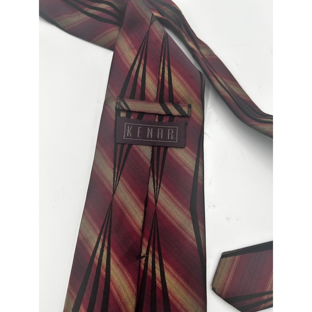 Kenar Mens Silk Necktie Burgundy Gold Black Geometric Striped Made in USA Tie